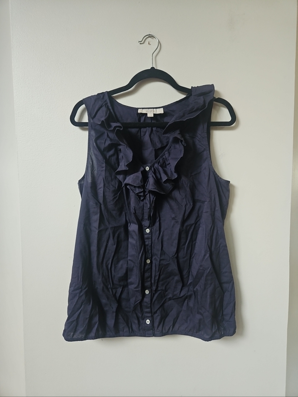 LOFT Sleeveless Cotton Blouse Womens XL Navy Blue Ruffle Neck Top Lightweight